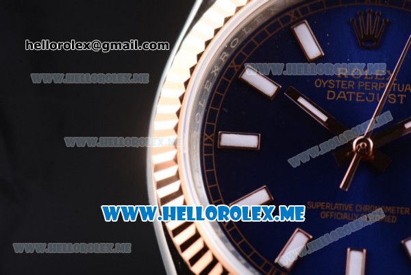 Rolex Datejust Clone Rolex 3135 Automatic Two Tone Case/Bracelet with Dark Blue Dial and Stick Markers (BP) - Click Image to Close